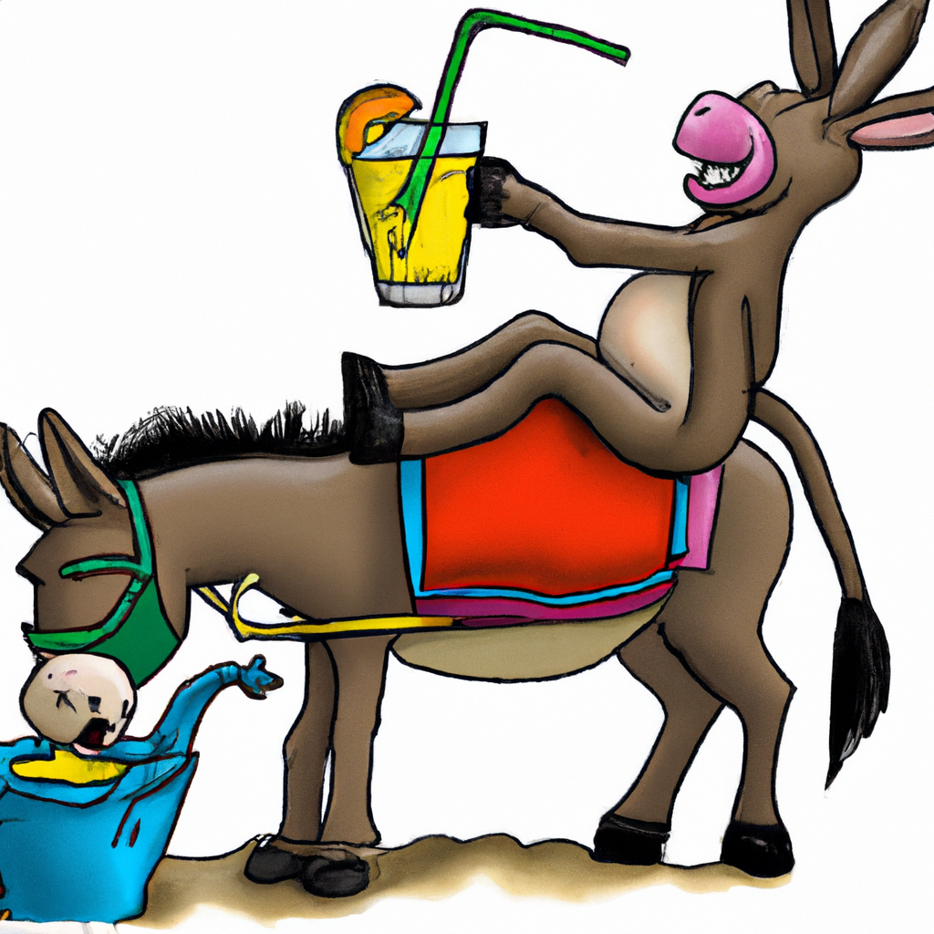 A donkey with no eyes laying back on top of another donkey, smiling between sips of lemonade.